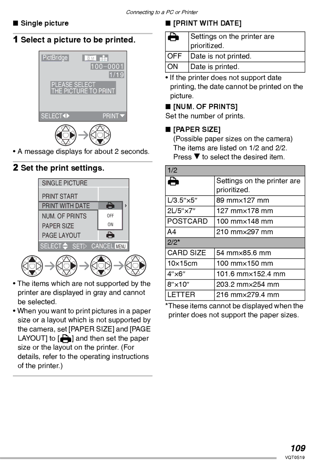 Panasonic DMC-LX1PP operating instructions 109, Select a picture to be printed, Set the print settings 