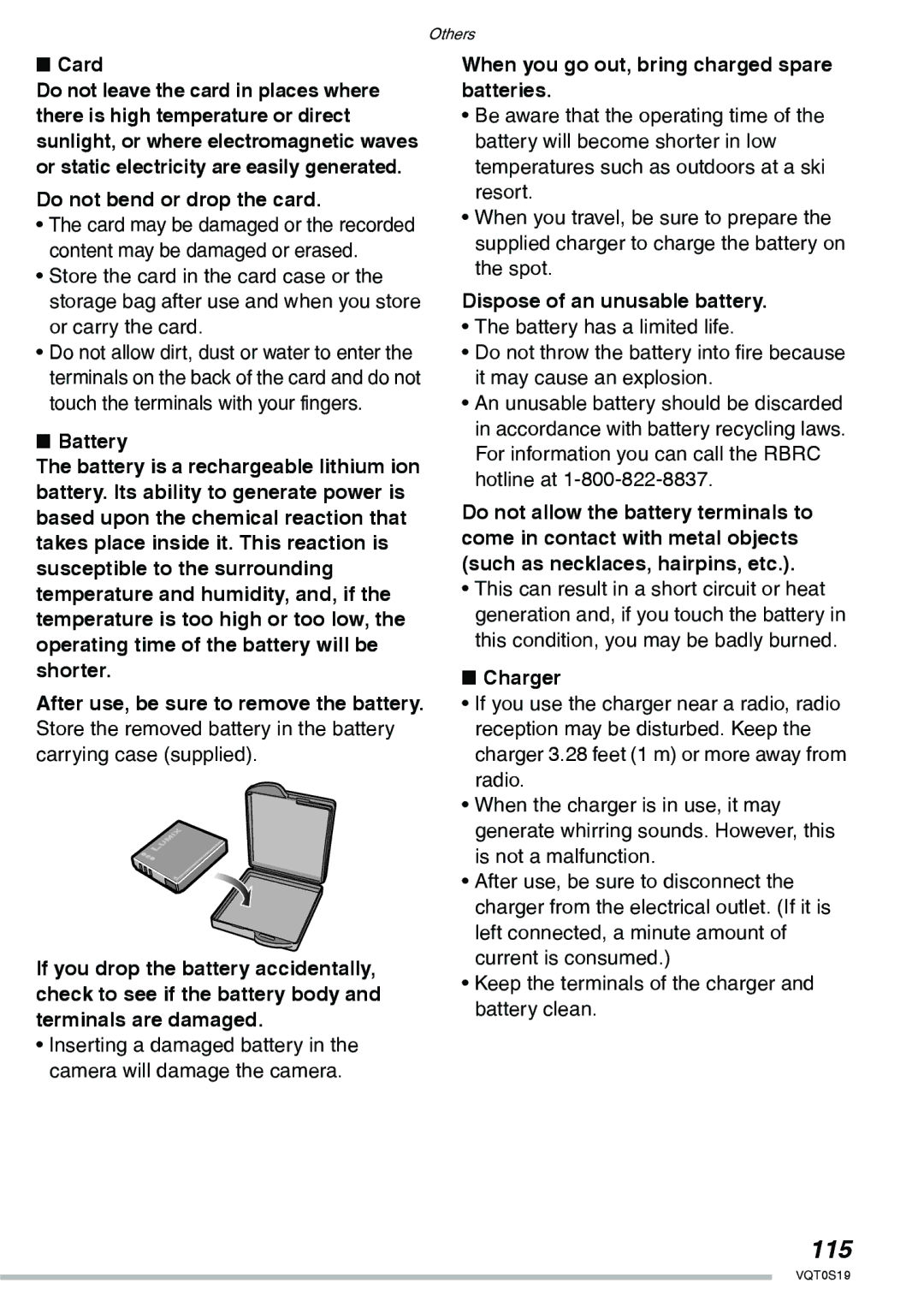 Panasonic DMC-LX1PP 115, Do not bend or drop the card, When you go out, bring charged spare batteries, Charger 