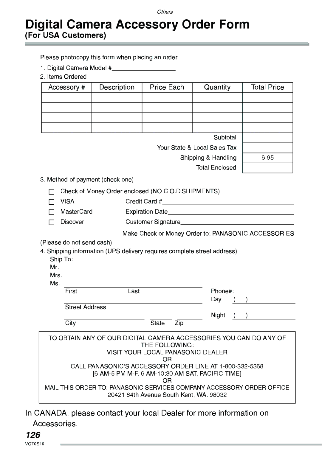 Panasonic DMC-LX1PP operating instructions Digital Camera Accessory Order Form, 126, For USA Customers 