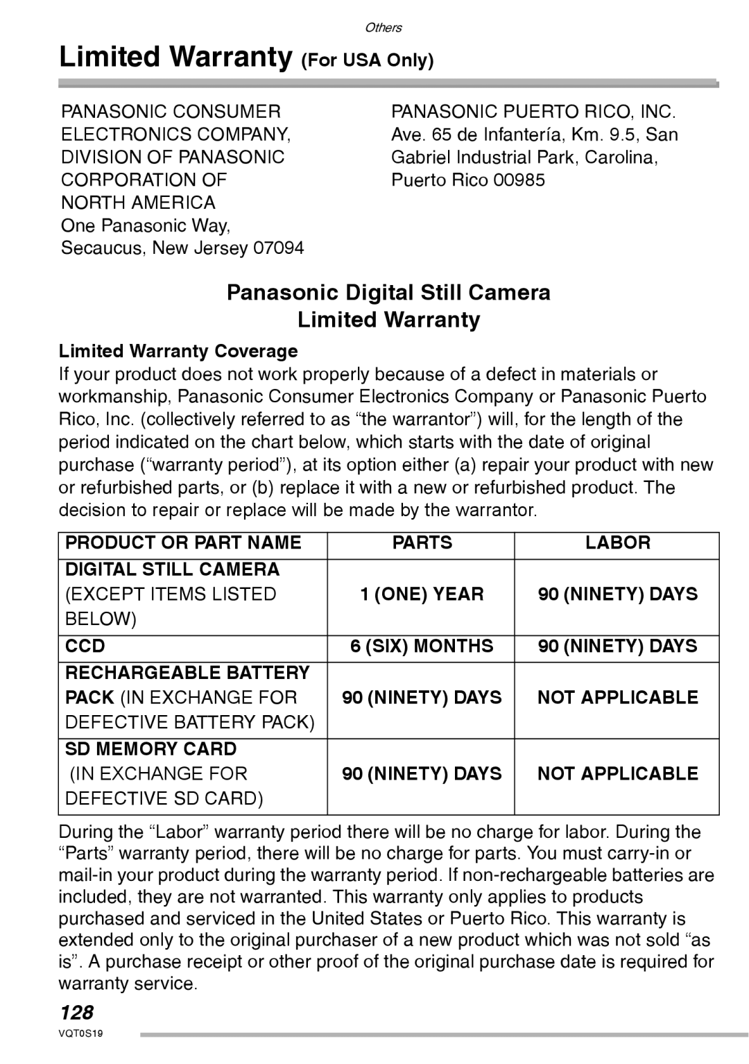 Panasonic DMC-LX1PP operating instructions Limited Warranty For USA Only, 128, Limited Warranty Coverage 