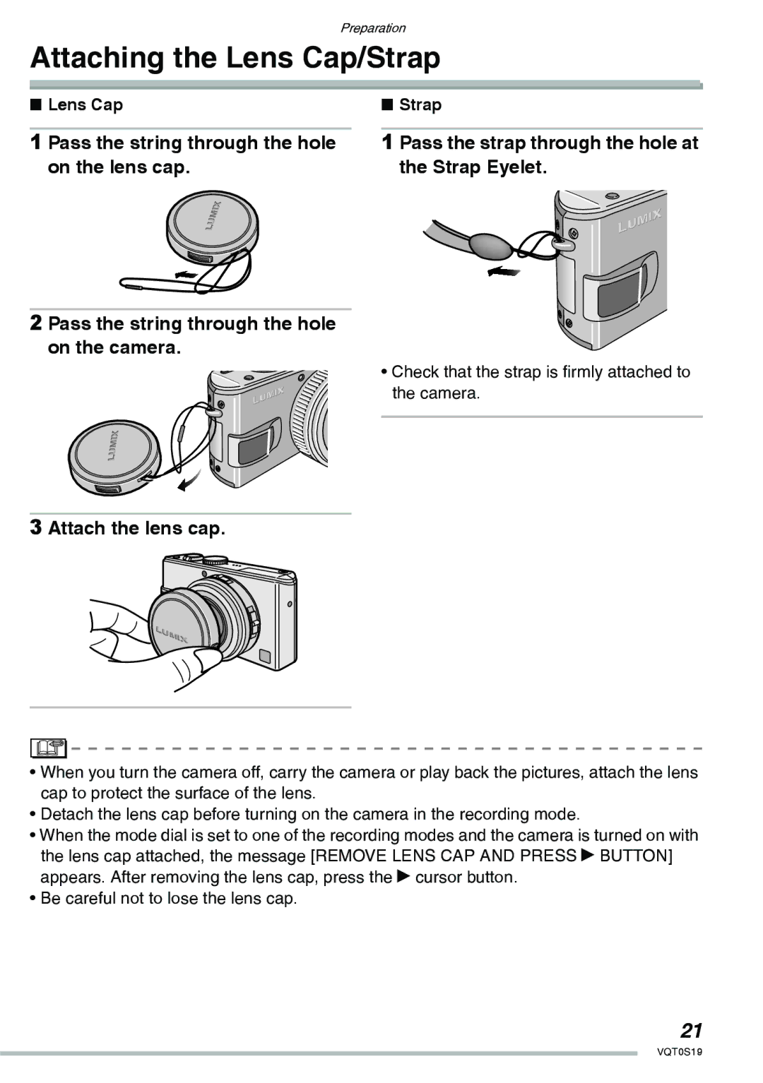 Panasonic DMC-LX1PP Attaching the Lens Cap/Strap, Pass the strap through the hole at the Strap Eyelet, Attach the lens cap 