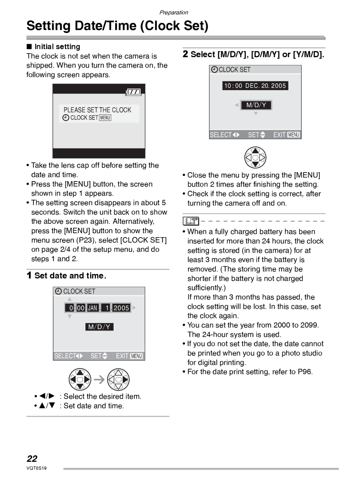 Panasonic DMC-LX1PP Setting Date/Time Clock Set, Select M/D/Y, D/M/Y or Y/M/D, Set date and time, Initial setting 