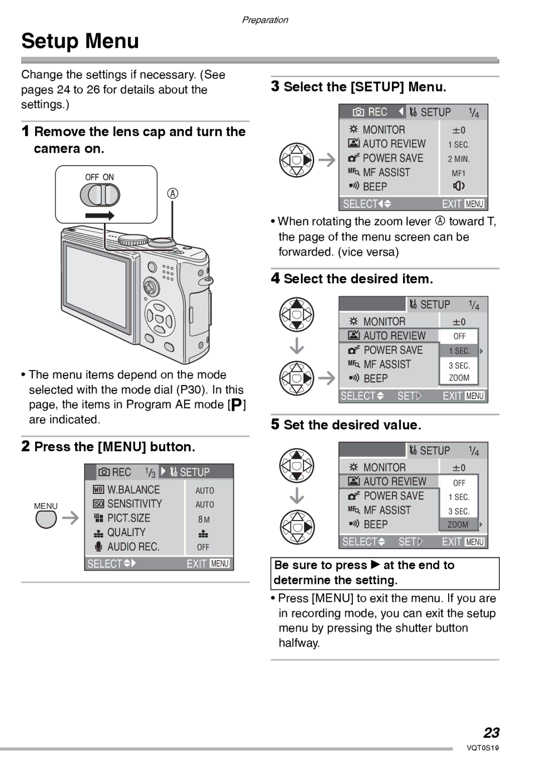 Panasonic DMC-LX1PP Remove the lens cap and turn the camera on, Press the Menu button Select the Setup Menu 