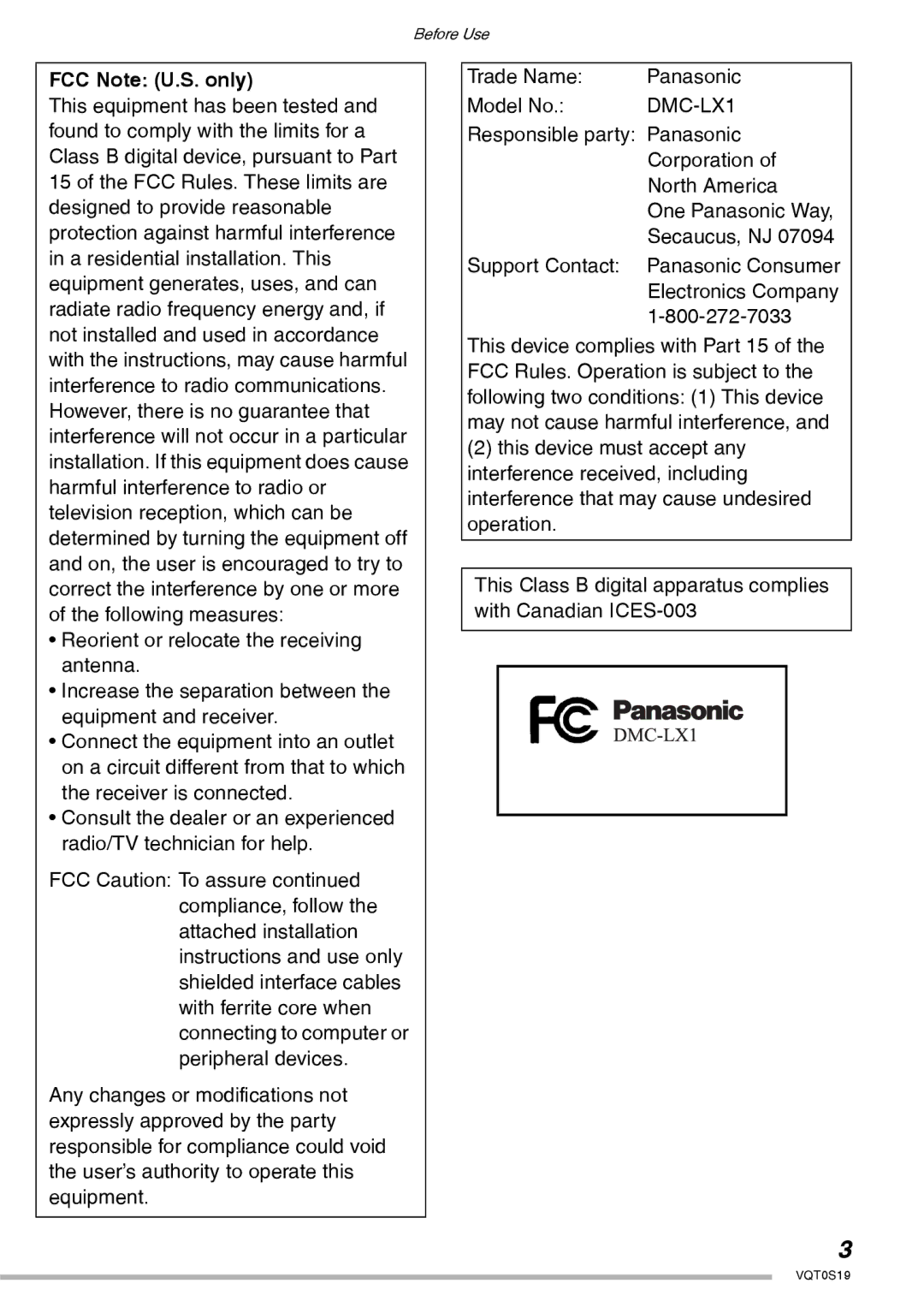 Panasonic DMC-LX1PP operating instructions FCC Note U.S. only 