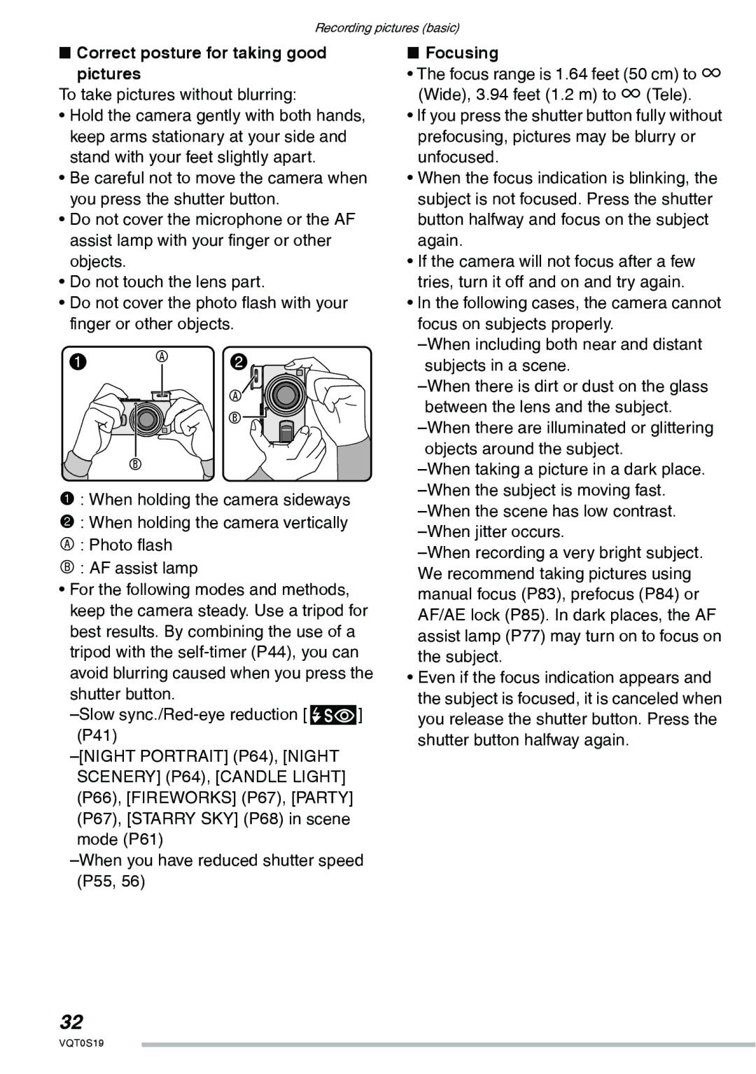 Panasonic DMC-LX1PP Correct posture for taking good Pictures, To take pictures without blurring, Focusing 