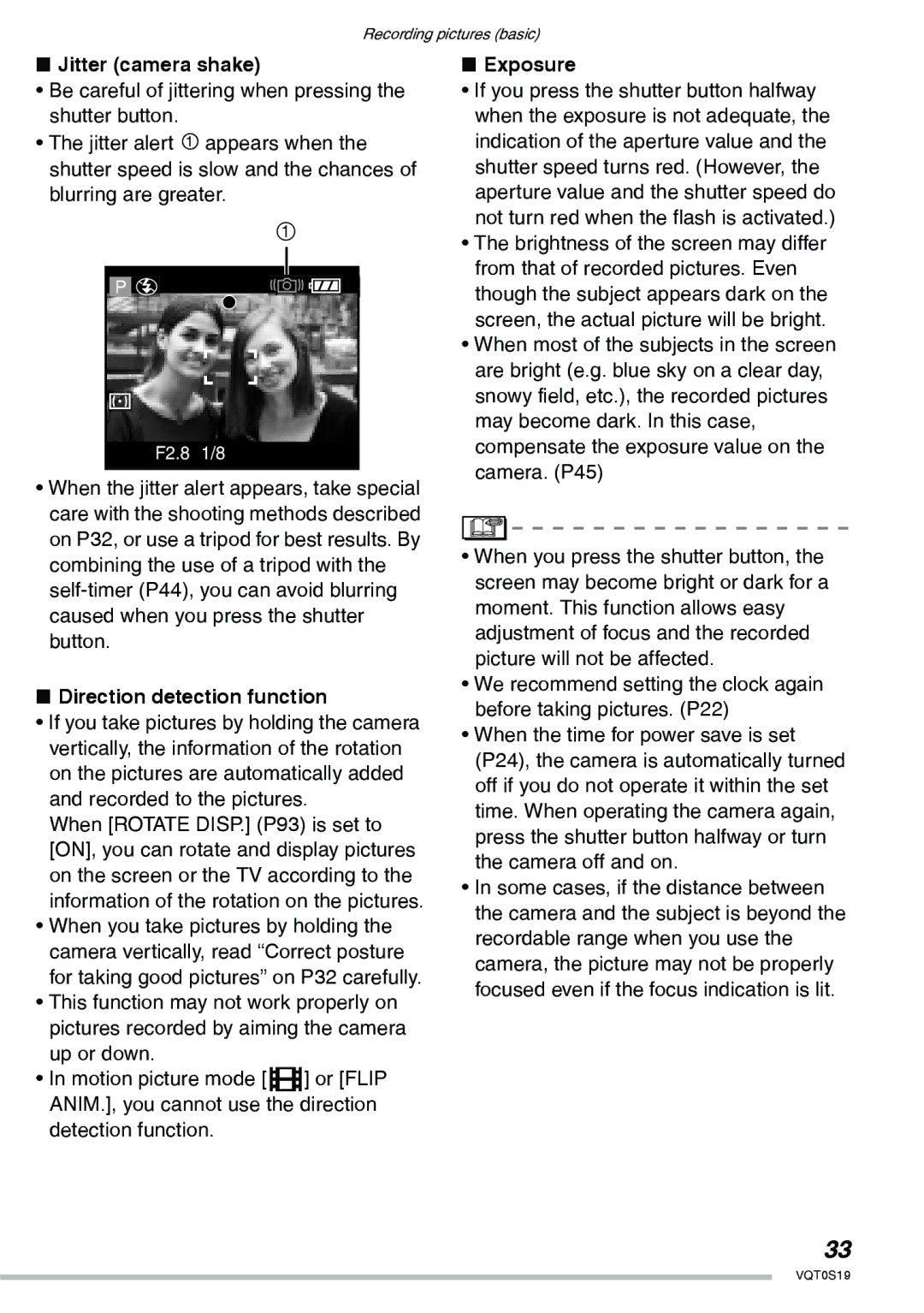 Panasonic DMC-LX1PP operating instructions Jitter camera shake, Direction detection function, Exposure 