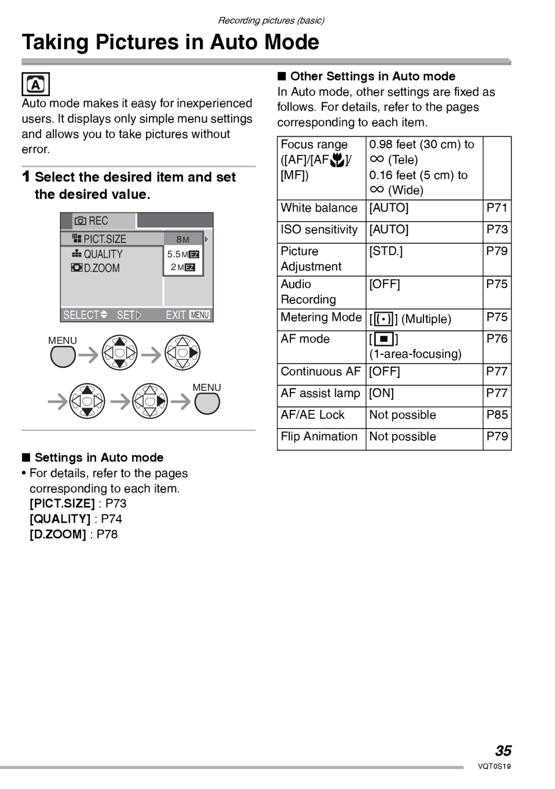 Panasonic DMC-LX1PP Taking Pictures in Auto Mode, Select the desired item and set the desired value, Settings in Auto mode 