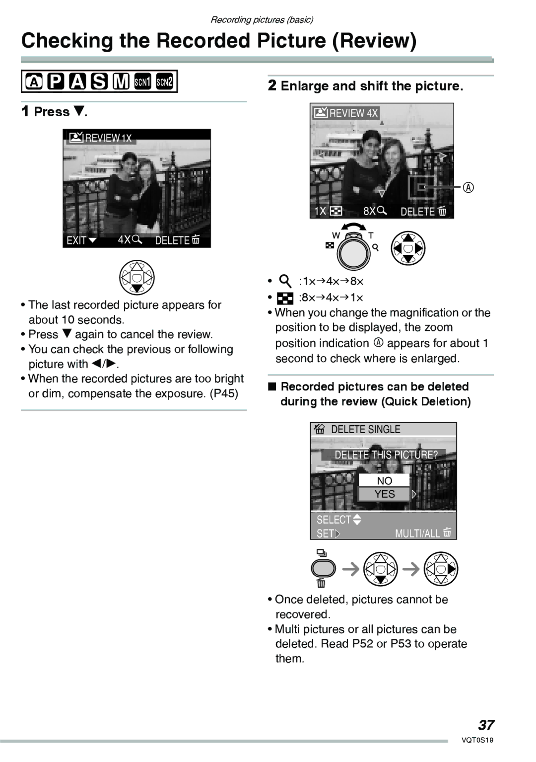 Panasonic DMC-LX1PP operating instructions Checking the Recorded Picture Review, Press r, Enlarge and shift the picture 