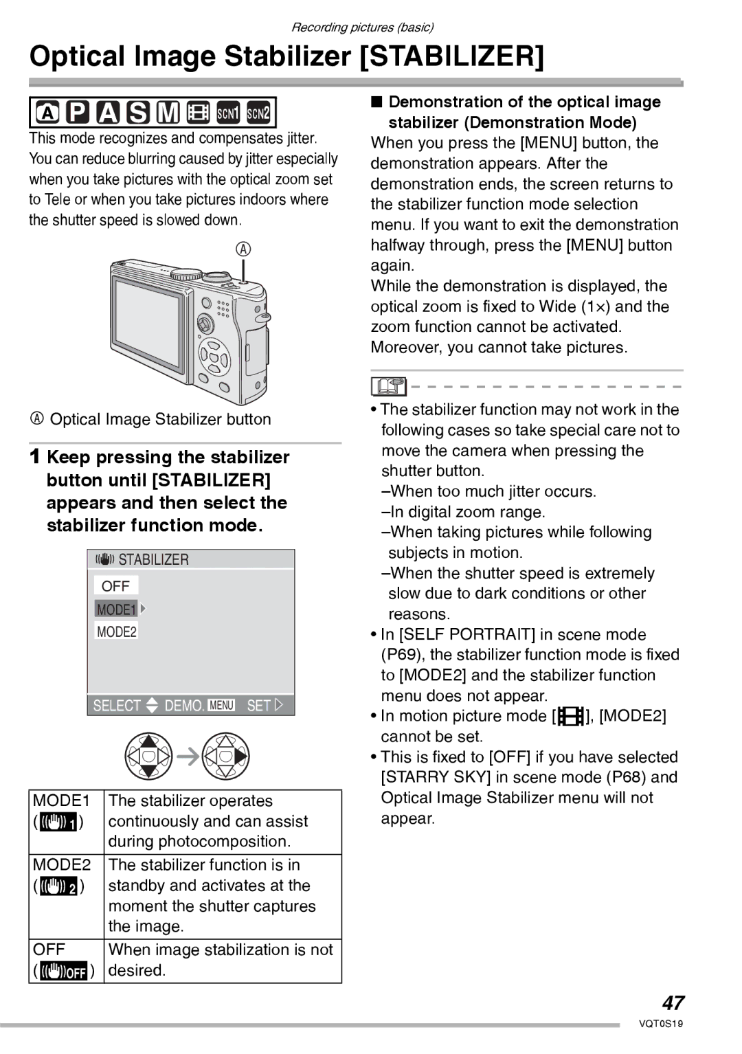 Panasonic DMC-LX1PP operating instructions Optical Image Stabilizer Stabilizer, MODE1, MODE2 