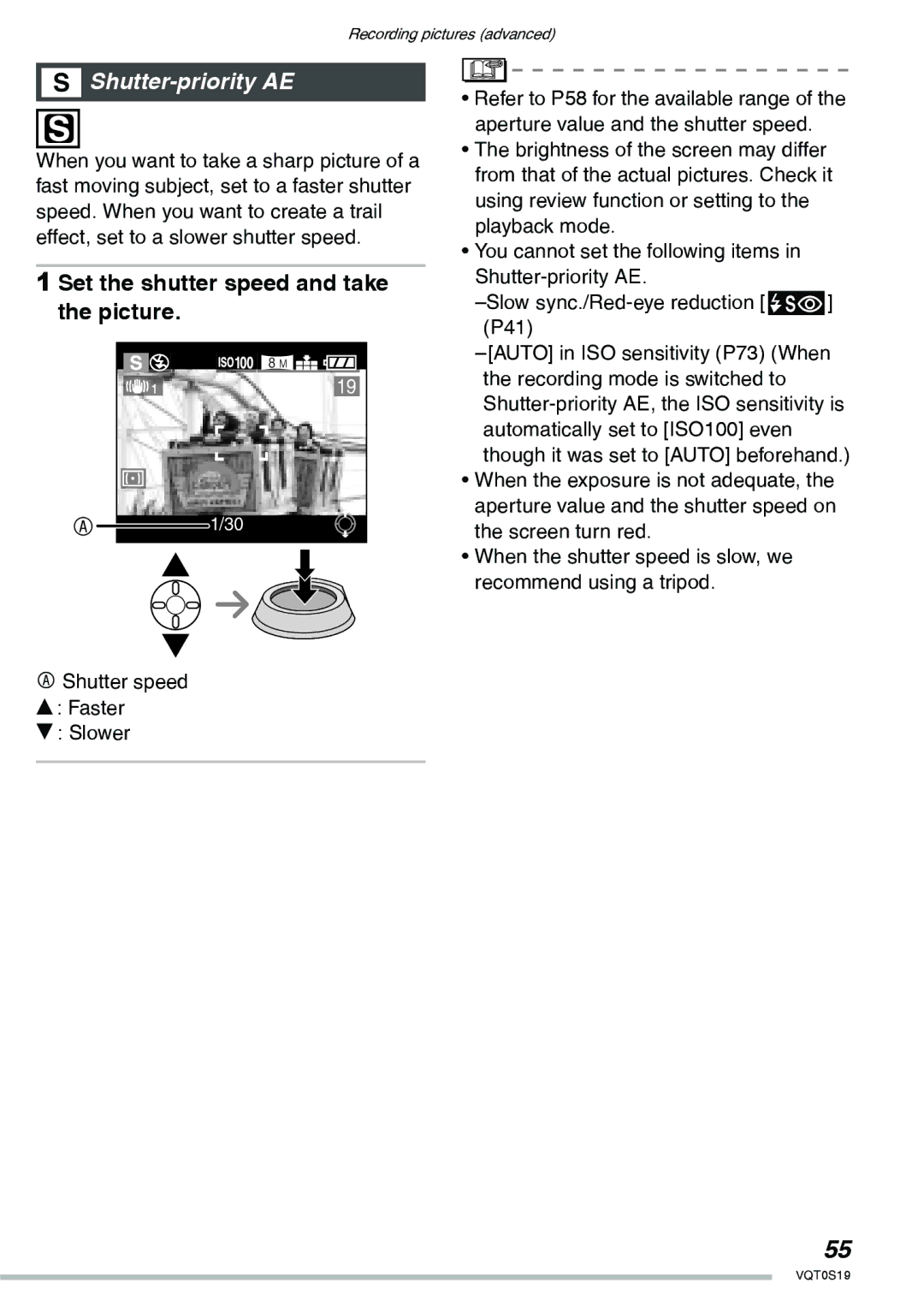 Panasonic DMC-LX1PP Shutter-priority AE, Set the shutter speed and take the picture, Shutter speed e Faster Slower 