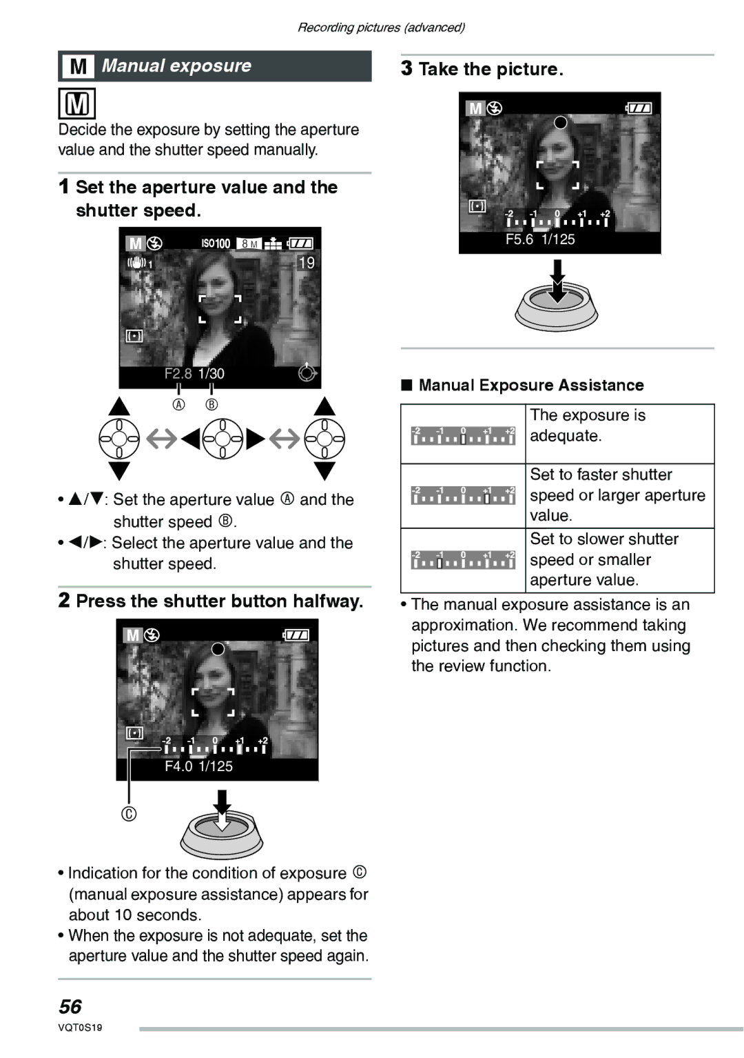 Panasonic DMC-LX1PP Manual exposure, Set the aperture value and the shutter speed, Press the shutter button halfway 