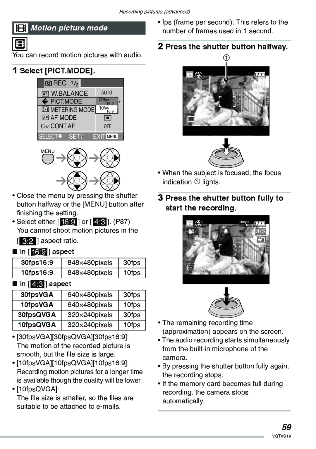 Panasonic DMC-LX1PP Motion picture mode, Select PICT.MODE, Press the shutter button fully to start the recording 