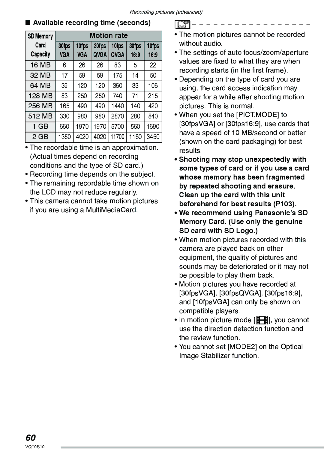 Panasonic DMC-LX1PP Available recording time seconds, Card, 16 MB 32 MB, Motion pictures cannot be recorded without audio 