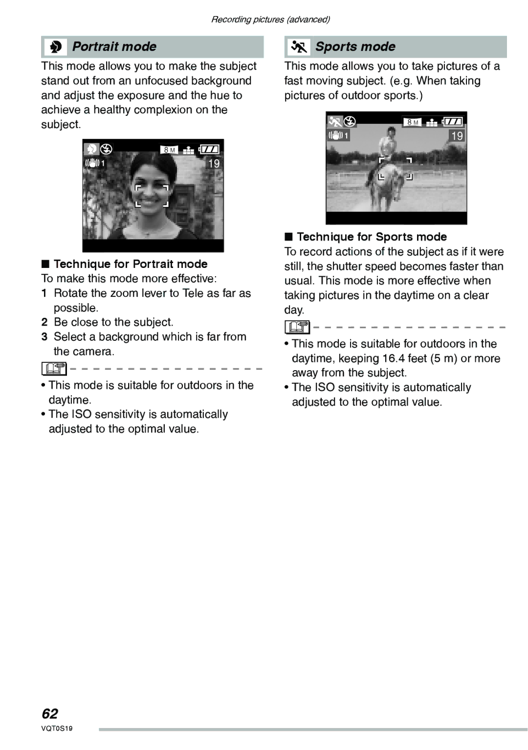 Panasonic DMC-LX1PP operating instructions Portrait mode Sports mode, Technique for Sports mode 