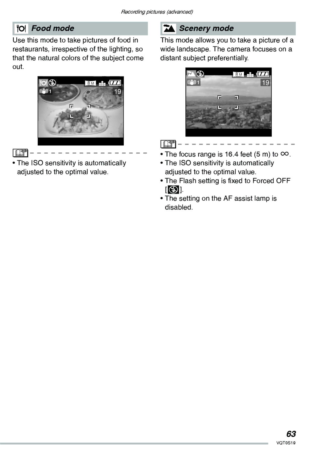 Panasonic DMC-LX1PP operating instructions Food mode Scenery mode 