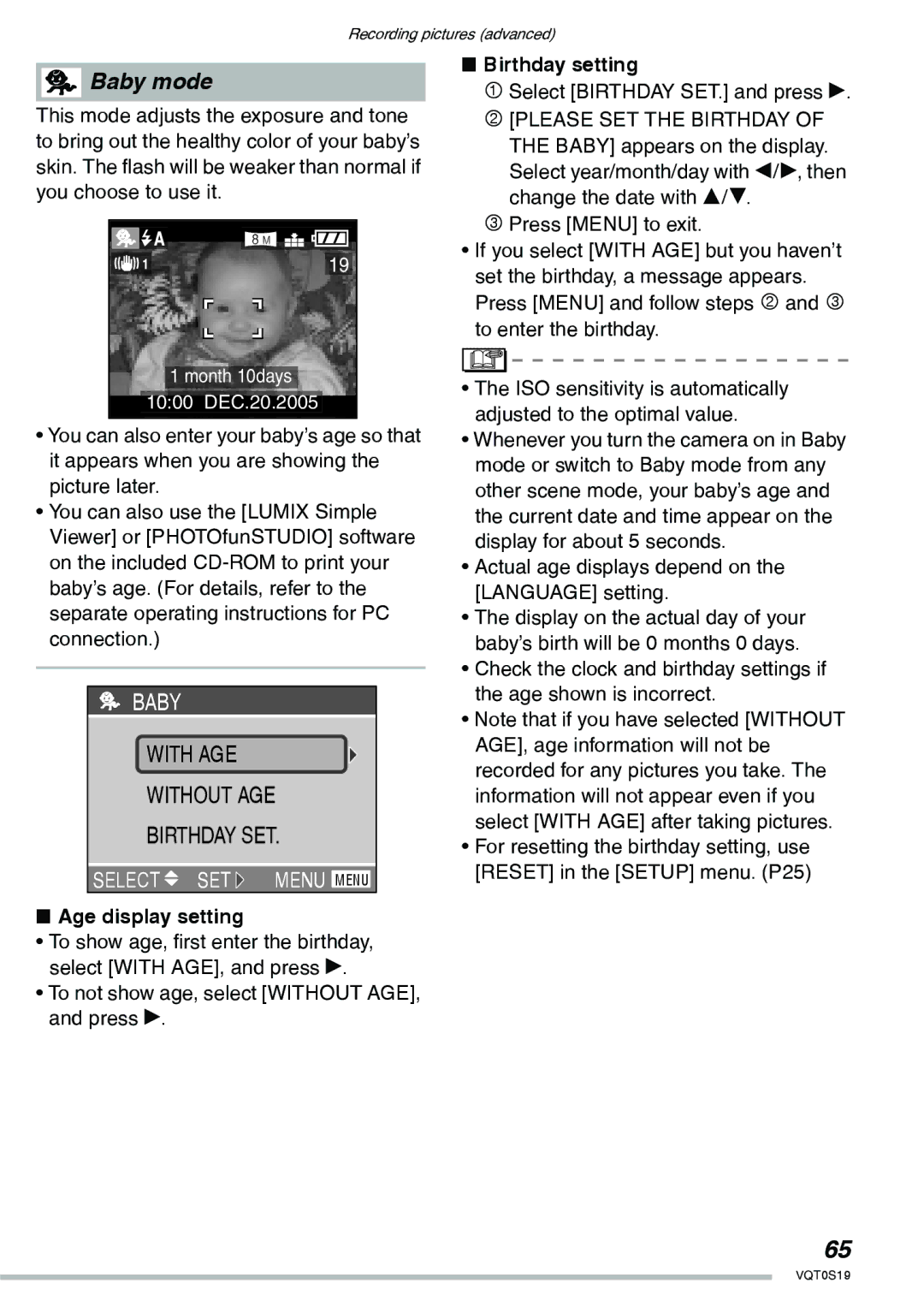 Panasonic DMC-LX1PP Age display setting, To not show age, select Without AGE, and press q, Birthday setting 