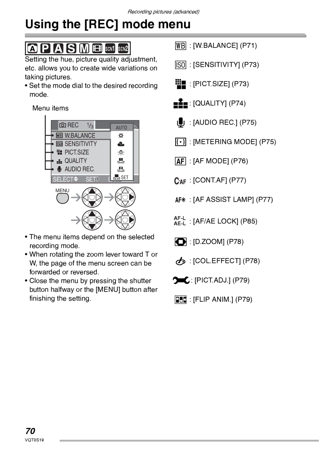 Panasonic DMC-LX1PP operating instructions Using the REC mode menu, Sensitivity P73, Metering Mode P75, AF Assist Lamp P77 