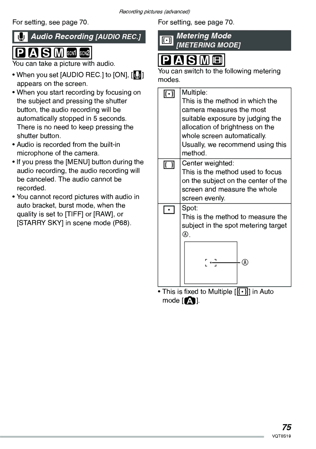 Panasonic DMC-LX1PP operating instructions Audio Recording Audio REC, Metering Mode 