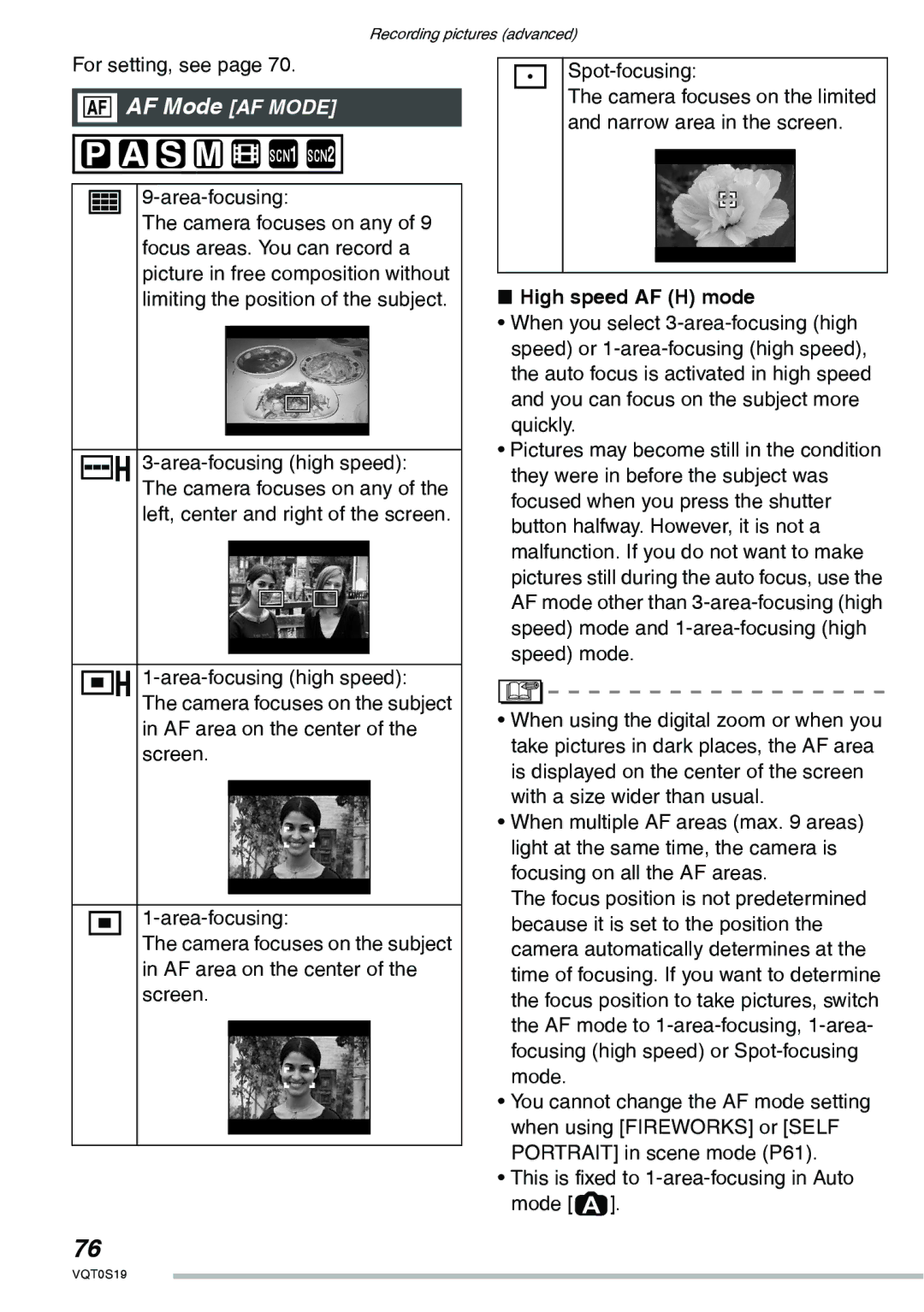 Panasonic DMC-LX1PP operating instructions AF Mode AF Mode, High speed AF H mode 