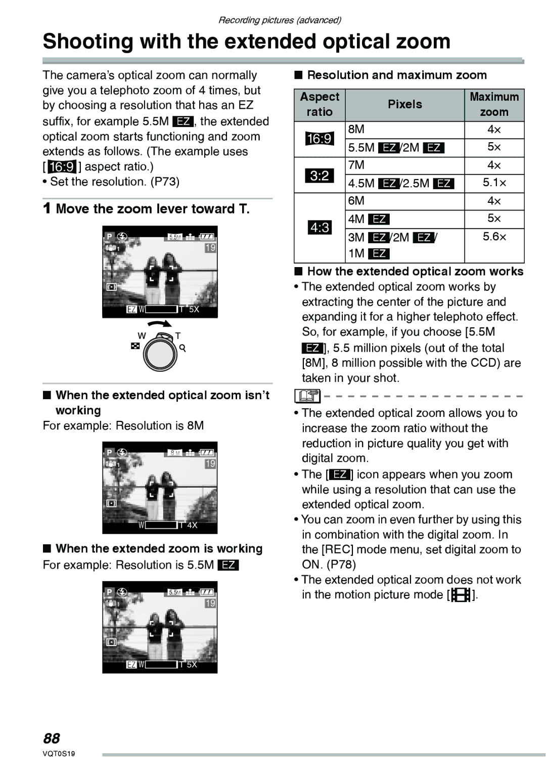 Panasonic DMC-LX1PP operating instructions Shooting with the extended optical zoom, Move the zoom lever toward T 