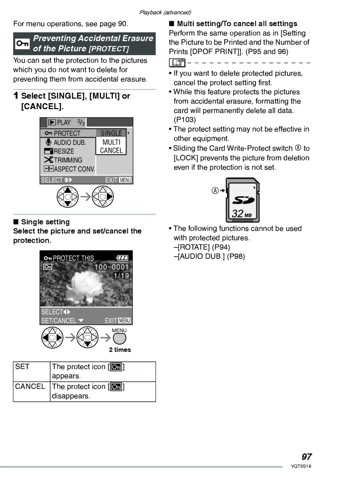 Panasonic DMC-LX1PP operating instructions Multi setting/To cancel all settings, Set, Protect icon c, Appears 