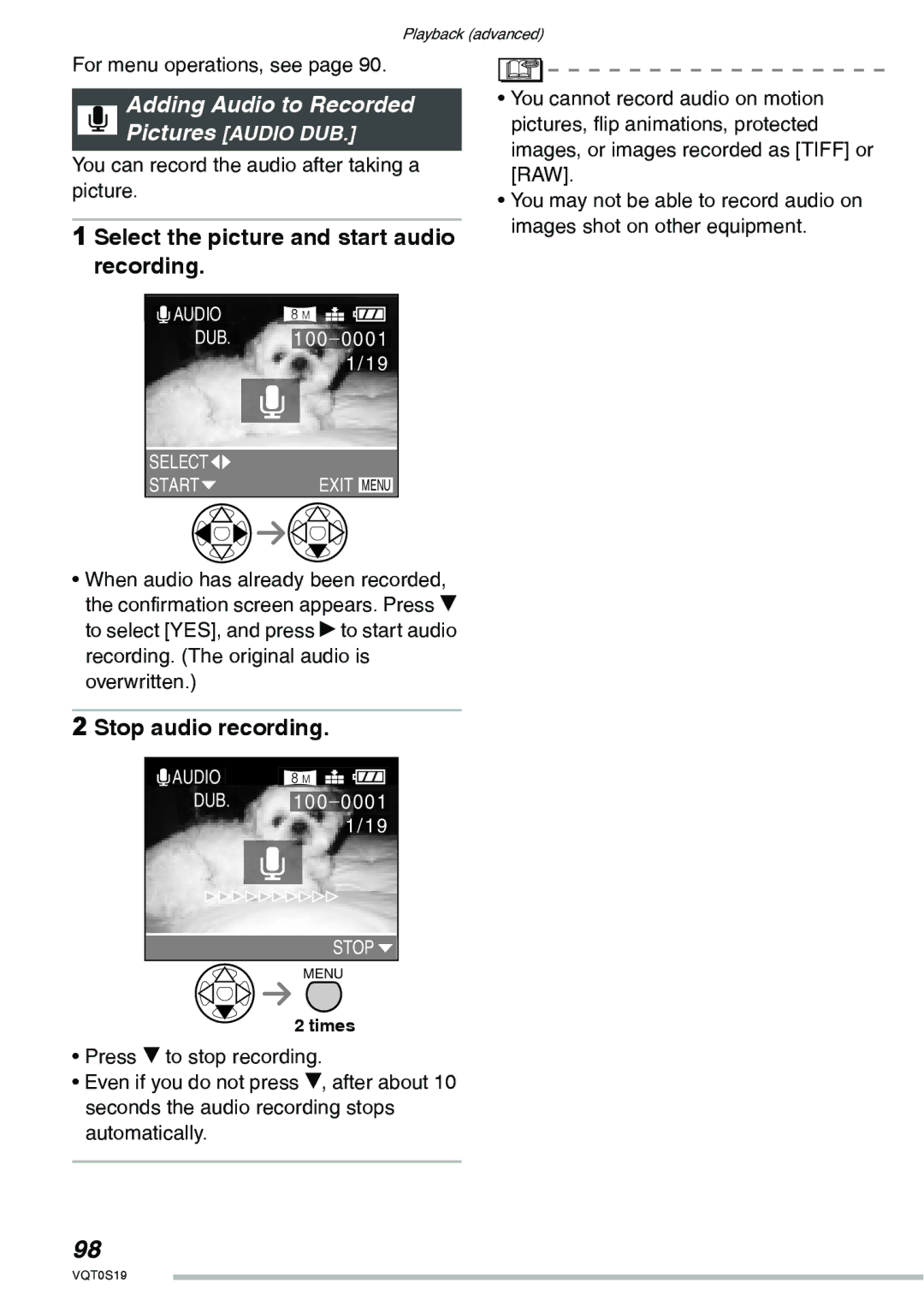 Panasonic DMC-LX1PP operating instructions Select the picture and start audio recording, Stop audio recording 