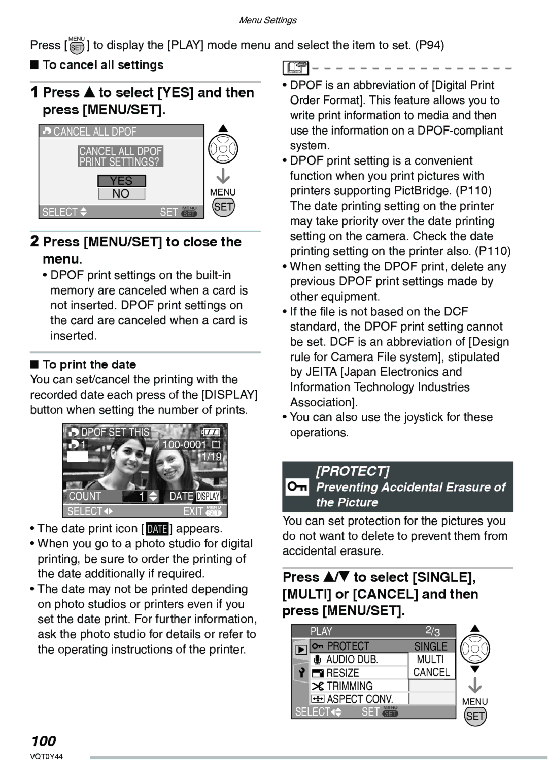 Panasonic DMC-LX2 100, Press e to select YES and then, Protect, Preventing Accidental Erasure of the Picture 