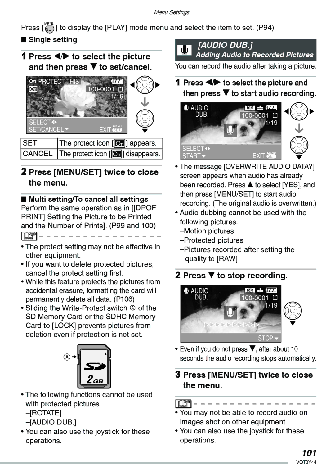 Panasonic DMC-LX2 operating instructions 101, Audio DUB, Press r to stop recording, Multi setting/To cancel all settings 