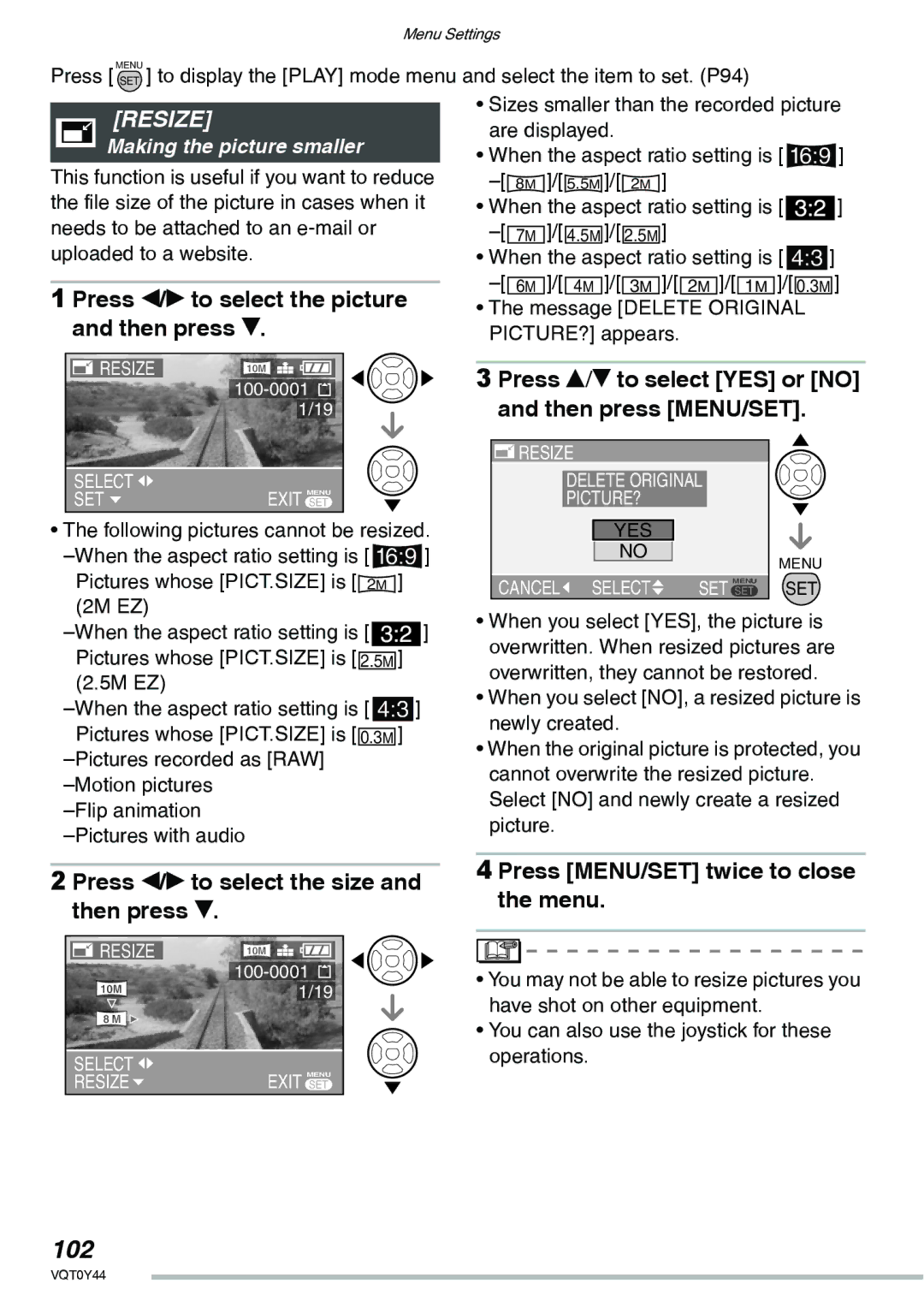 Panasonic DMC-LX2 102, Resize, Press e/r to select YES or no and then press MENU/SET, Making the picture smaller 