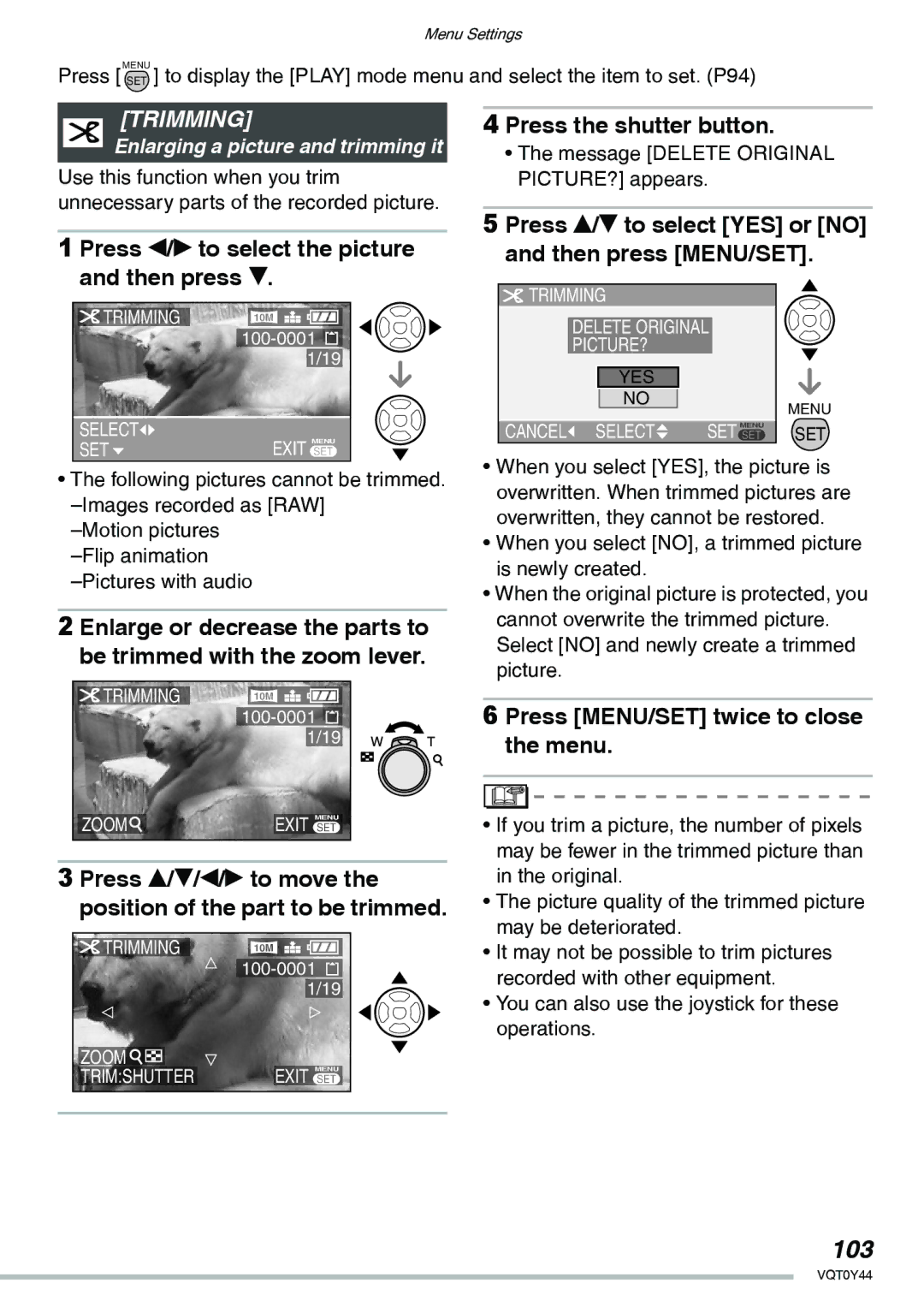 Panasonic DMC-LX2 operating instructions 103, Trimming, Press the shutter button 