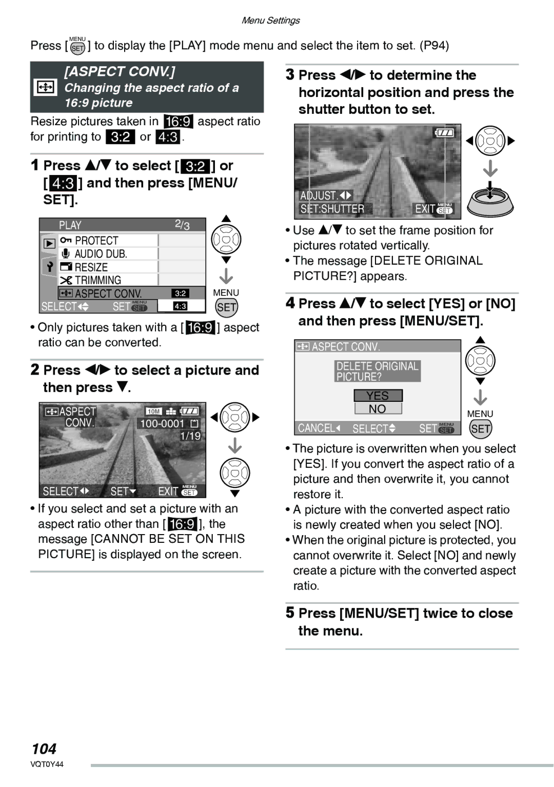 Panasonic DMC-LX2 operating instructions 104, Aspect Conv, Press e/r to select or h and then press Menu 