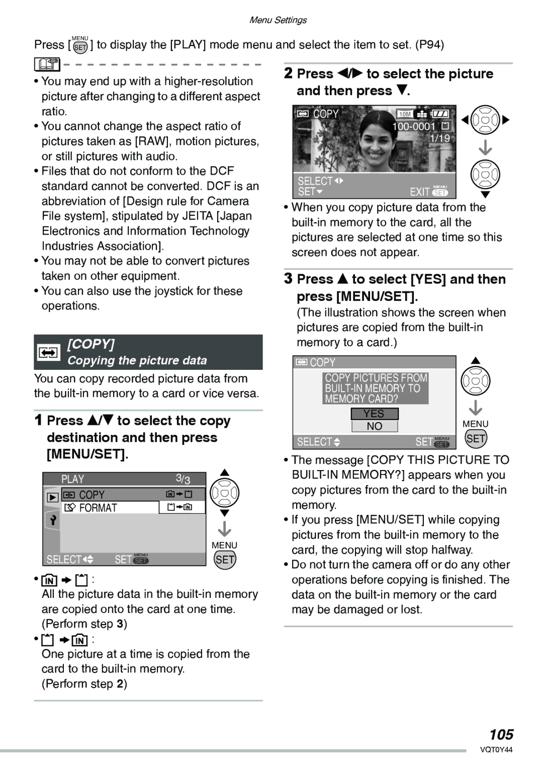 Panasonic DMC-LX2 operating instructions 105, Copying the picture data 