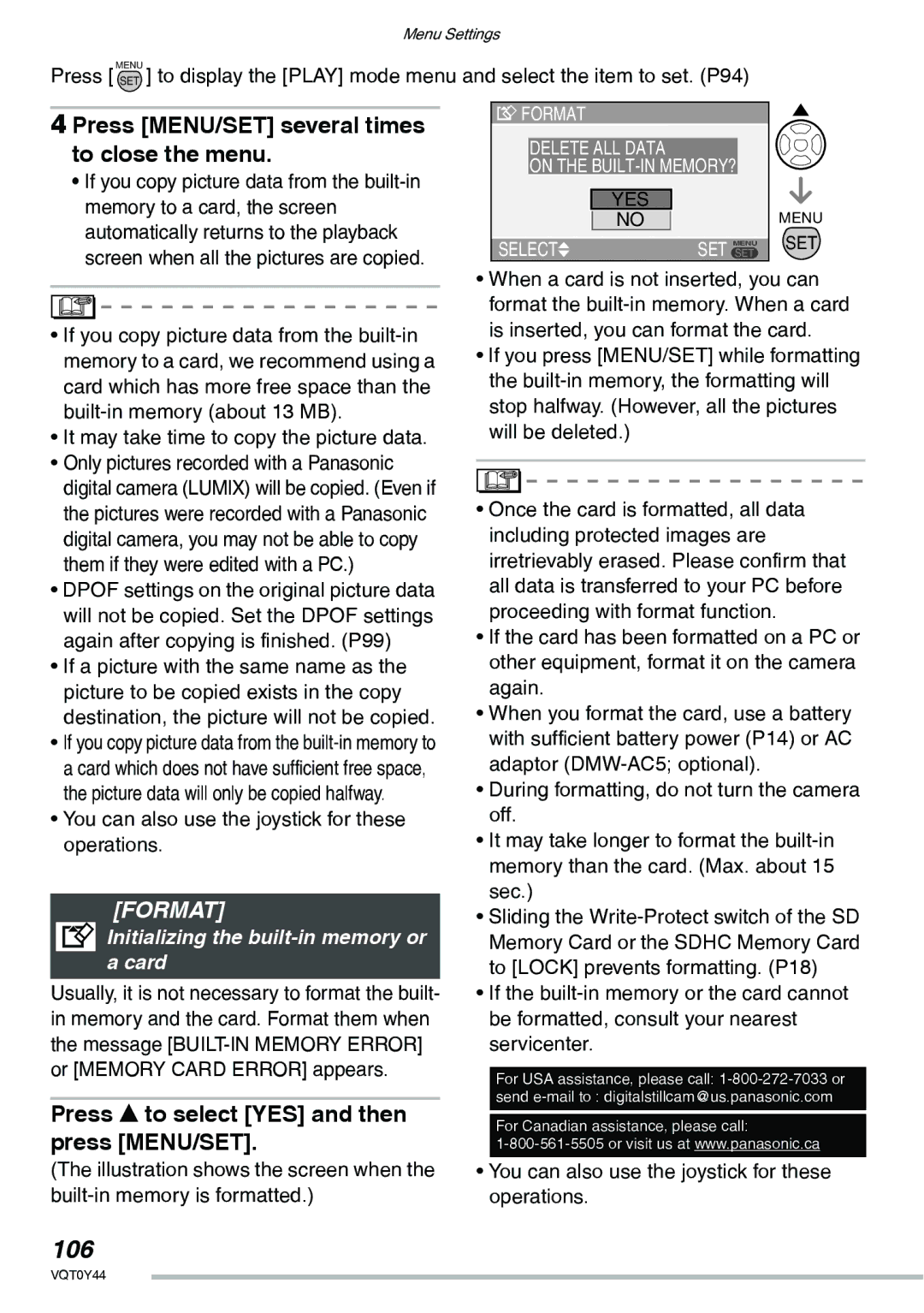 Panasonic DMC-LX2 operating instructions 106, Format, Initializing the built-in memory or a card 