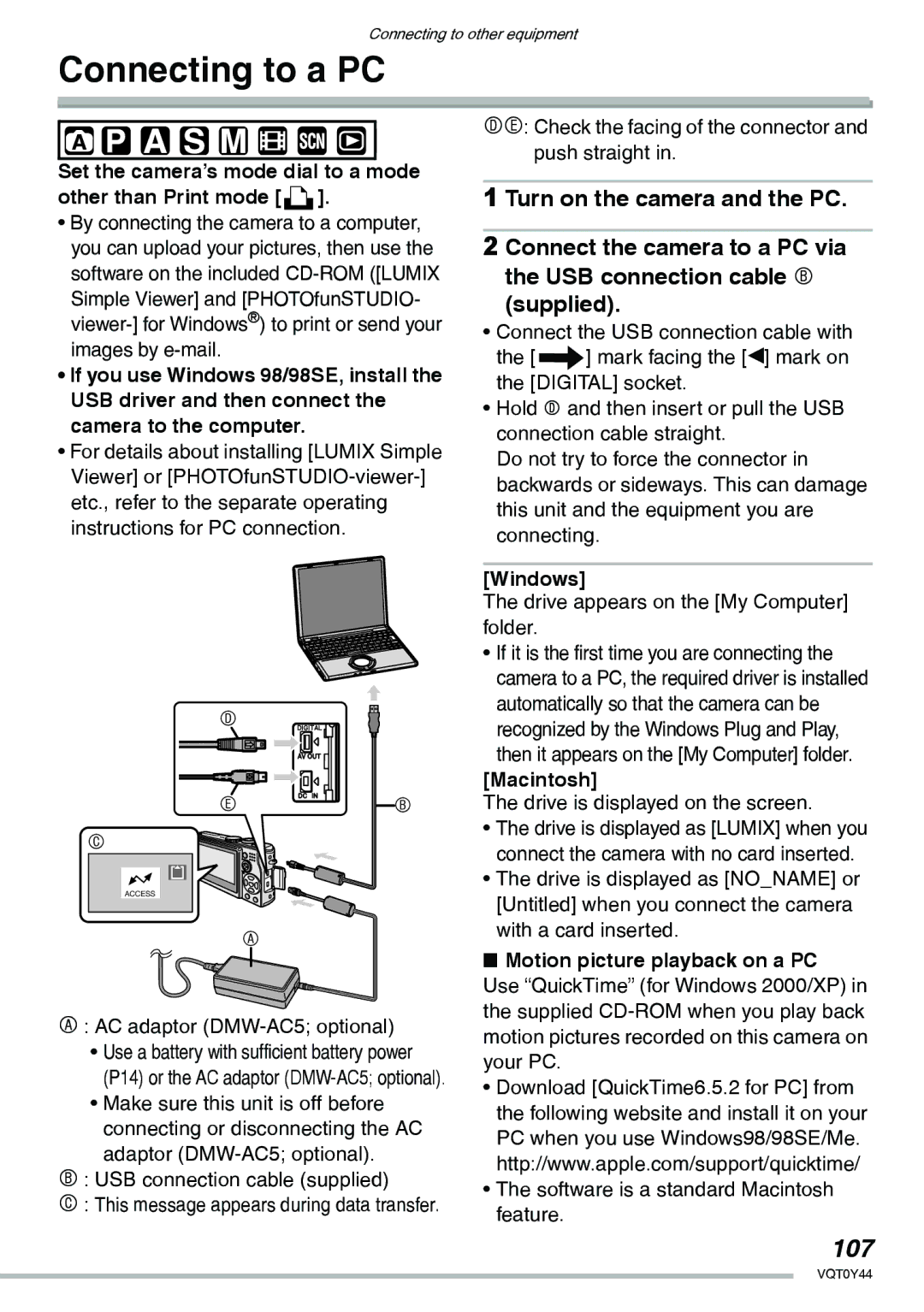 Panasonic DMC-LX2 operating instructions Connecting to a PC, 107 