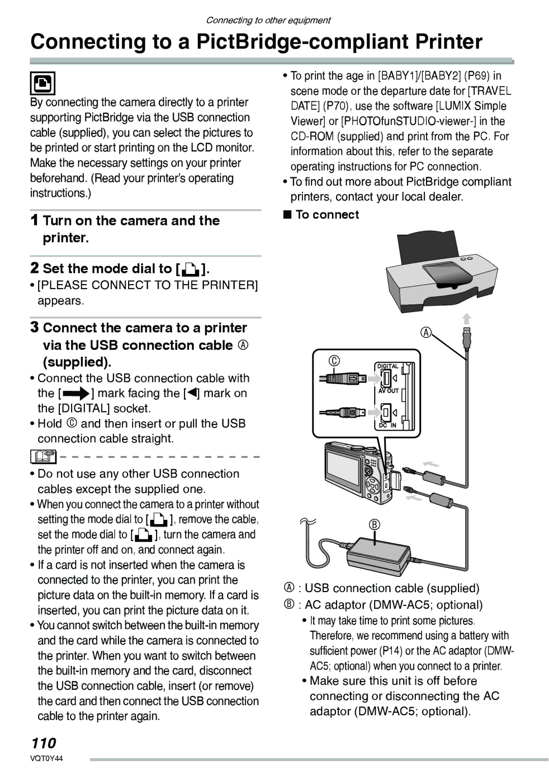 Panasonic DMC-LX2 operating instructions Connecting to a PictBridge-compliant Printer, 110, To connect 