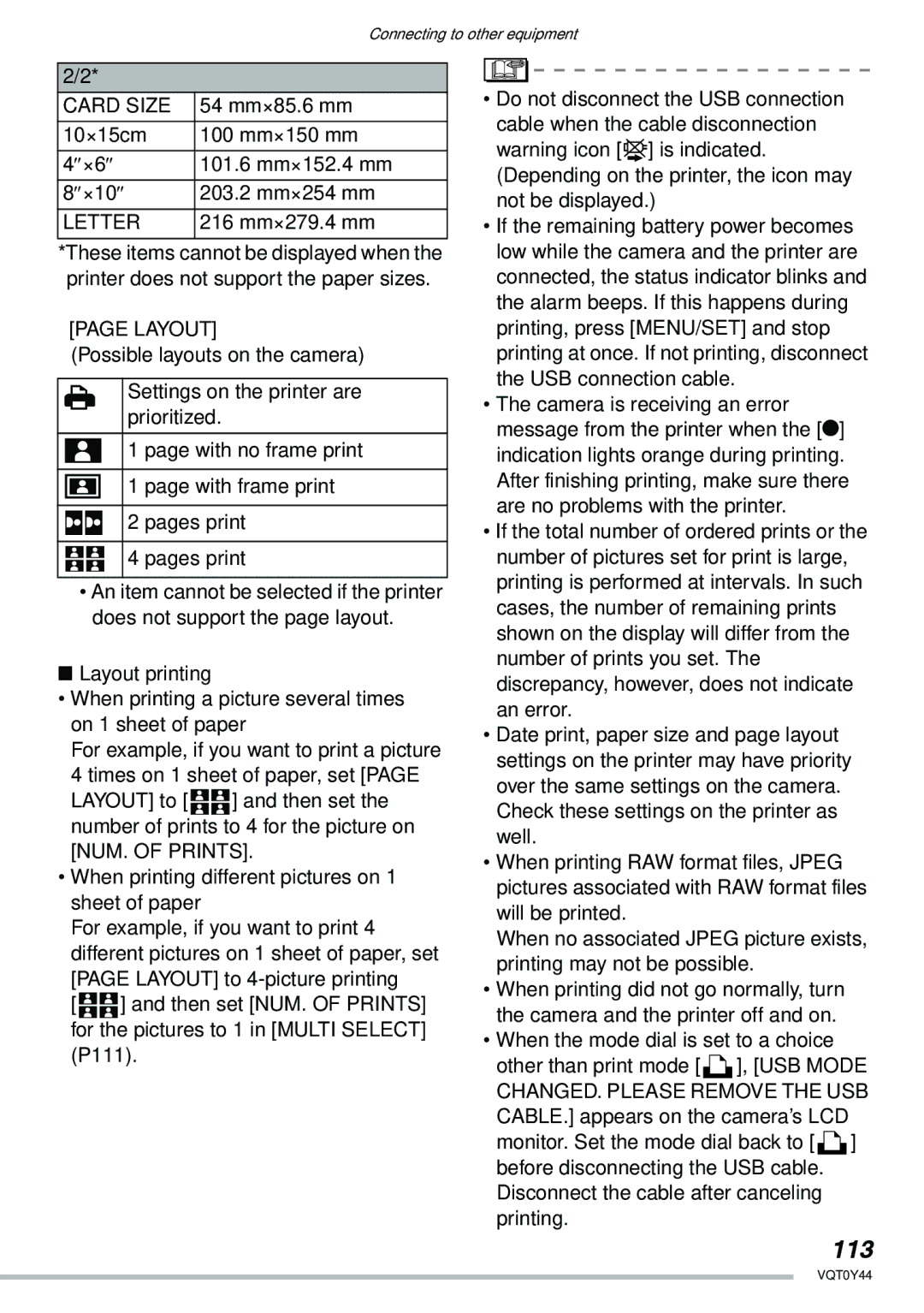 Panasonic DMC-LX2 operating instructions 113, Card Size, Letter, When printing different pictures on 1 sheet of paper 