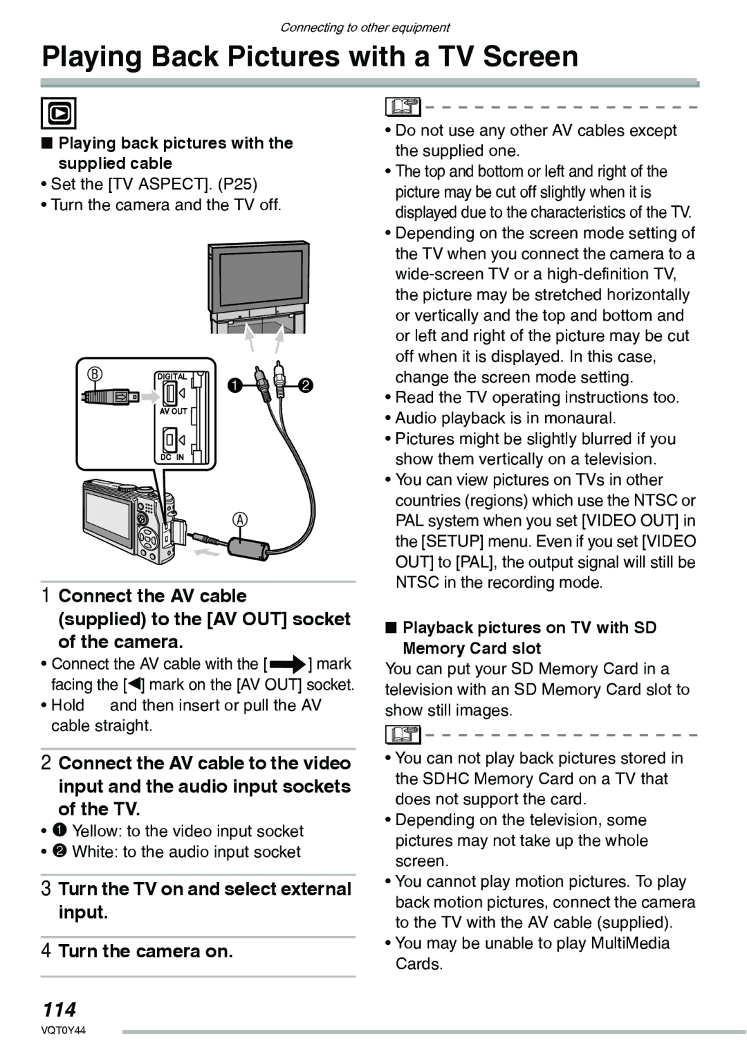 Panasonic DMC-LX2 Playing Back Pictures with a TV Screen, 114, Turn the TV on and select external input Turn the camera on 