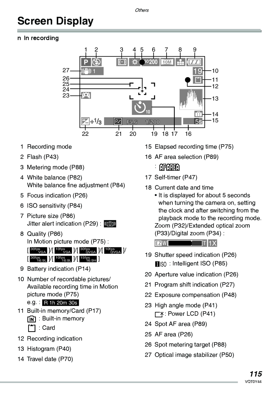 Panasonic DMC-LX2 operating instructions Screen Display, 115, Recording 