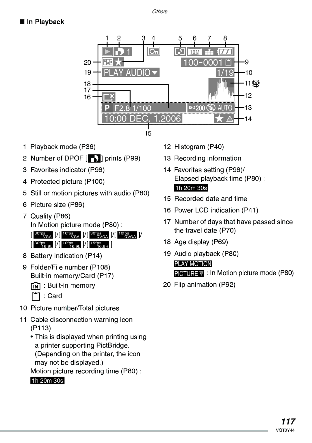 Panasonic DMC-LX2 operating instructions 117, Motion picture recording time P80, Audio playback P80 