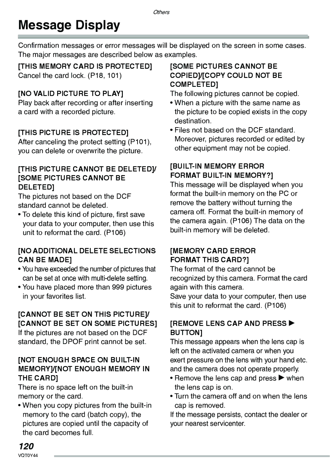 Panasonic DMC-LX2 operating instructions Message Display, 120, Cancel the card lock. P18, Remove Lens CAP and Press q 