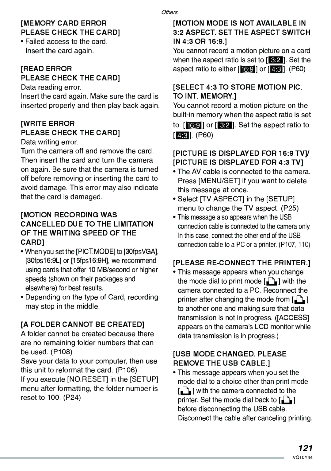 Panasonic DMC-LX2 121, Please Check the Card Data reading error, Please Check the Card Data writing error 