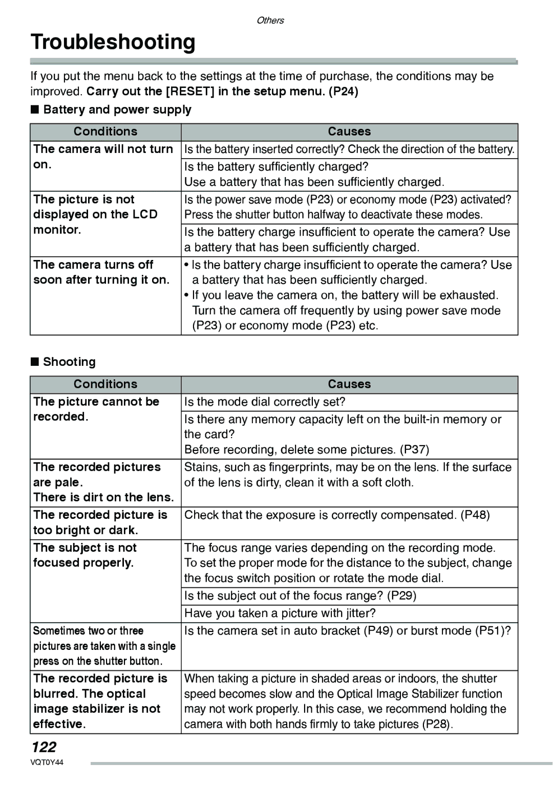 Panasonic DMC-LX2 operating instructions Troubleshooting, 122 