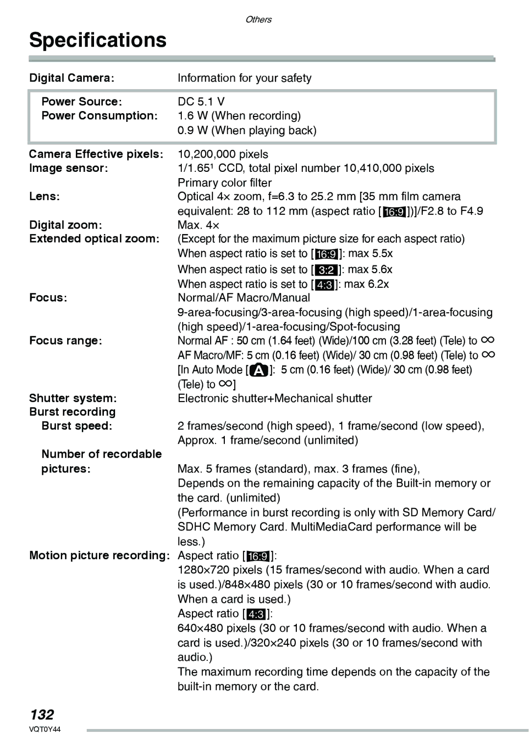 Panasonic DMC-LX2 operating instructions Specifications, 132 