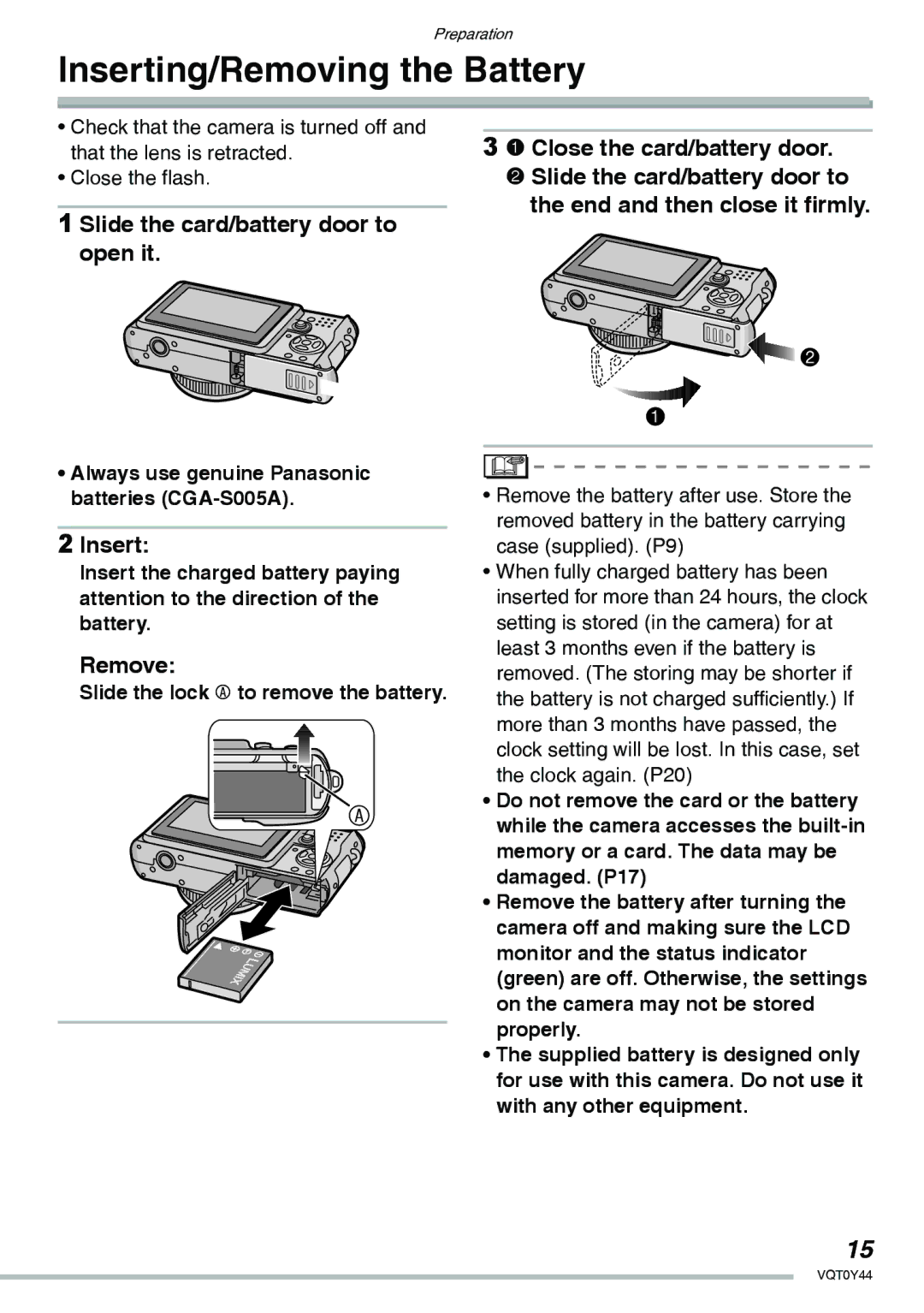 Panasonic DMC-LX2 operating instructions Inserting/Removing the Battery, Remove, Slide the lock a to remove the battery 