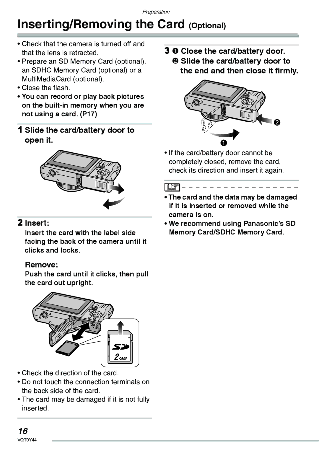 Panasonic DMC-LX2 Inserting/Removing the Card Optional, Slide the card/battery door to open it Insert 