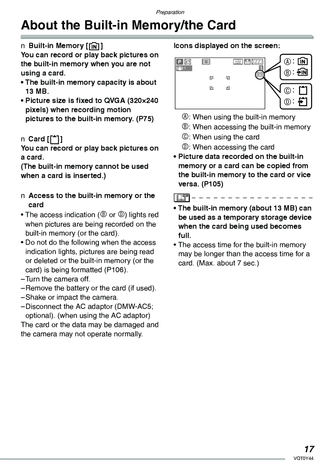 Panasonic DMC-LX2 operating instructions About the Built-in Memory/the Card, Icons displayed on the screen 