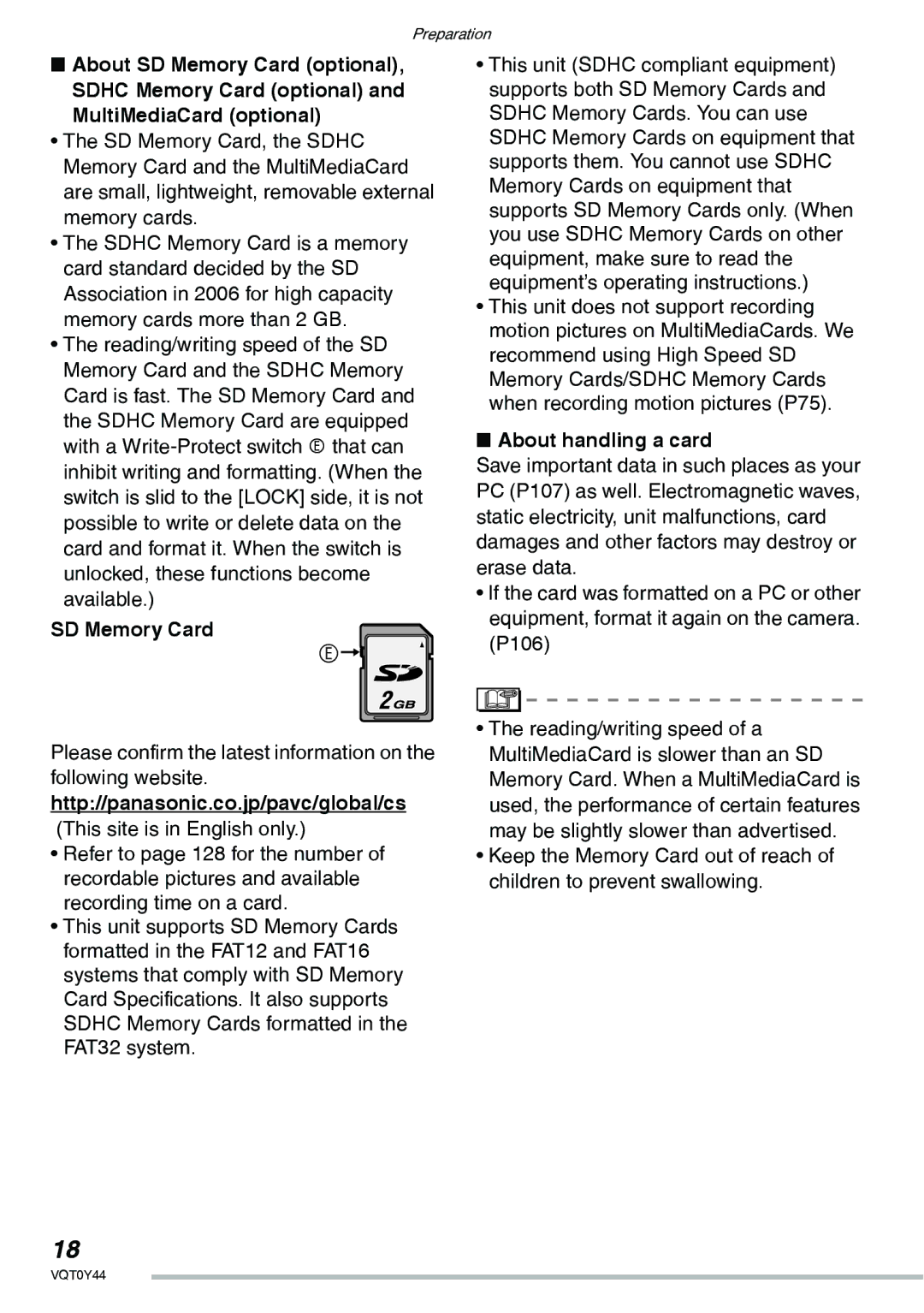 Panasonic DMC-LX2 operating instructions MultiMediaCard optional, SD Memory Card, About handling a card 