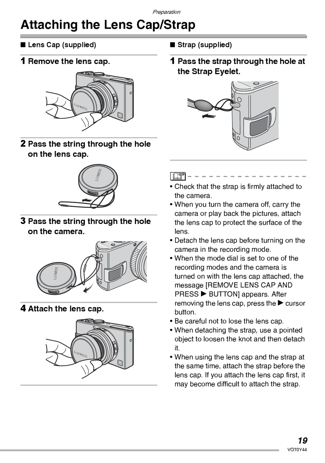 Panasonic DMC-LX2 Attaching the Lens Cap/Strap, Pass the strap through the hole at the Strap Eyelet, Lens Cap supplied 