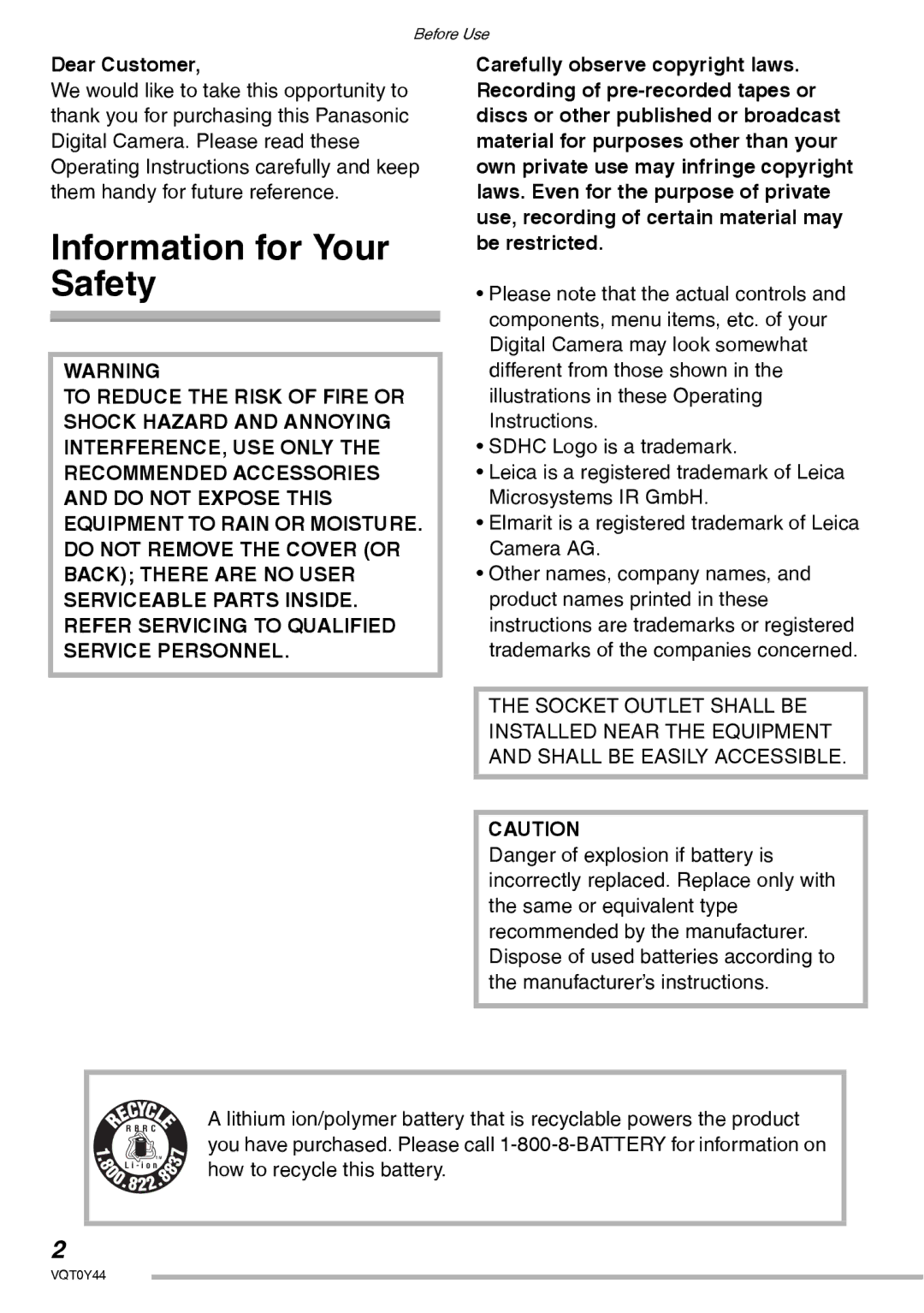 Panasonic DMC-LX2 operating instructions Information for Your, Safety 