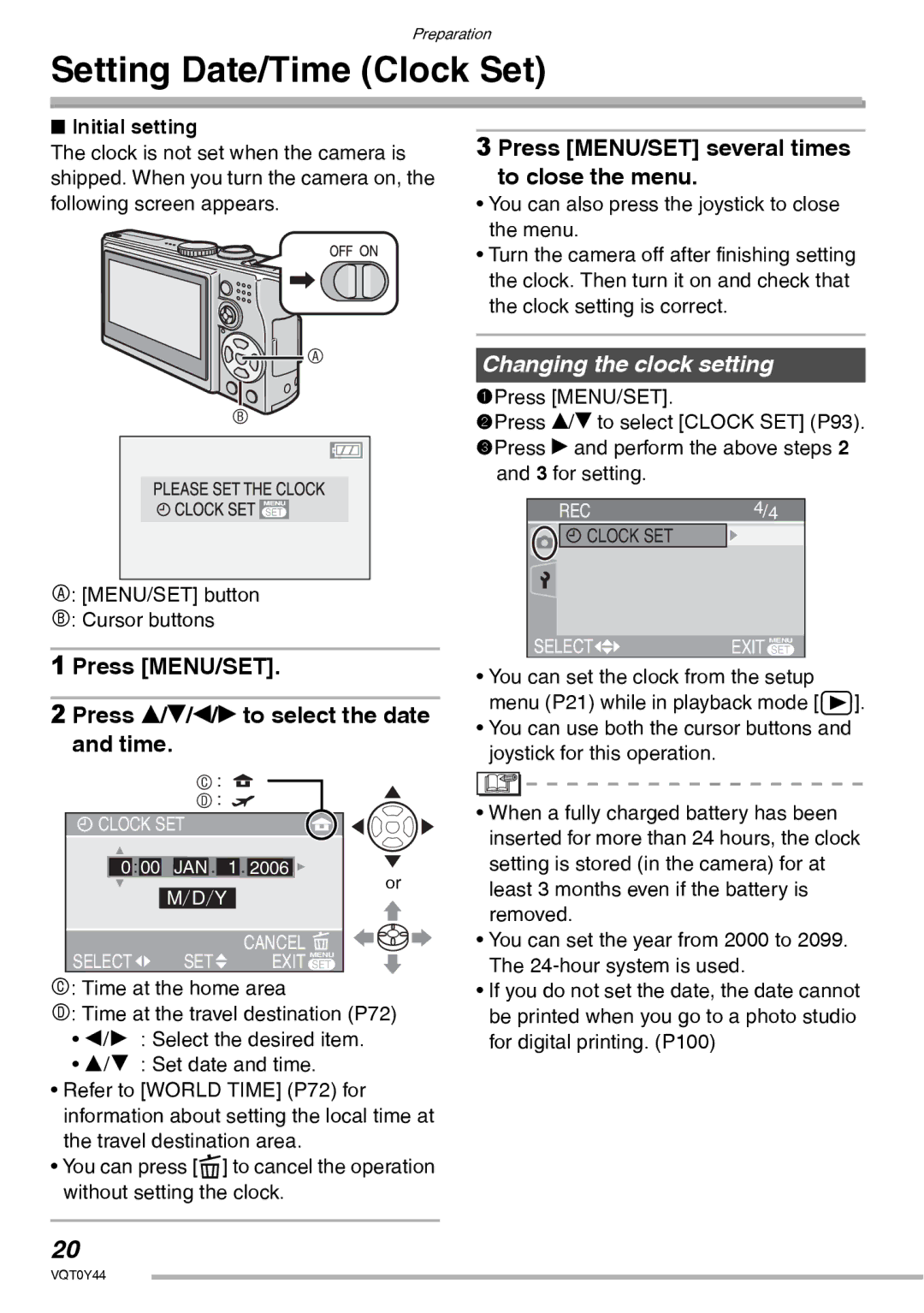 Panasonic DMC-LX2 Setting Date/Time Clock Set, Press MENU/SET Press e/r/w/q to select the date and time, Initial setting 